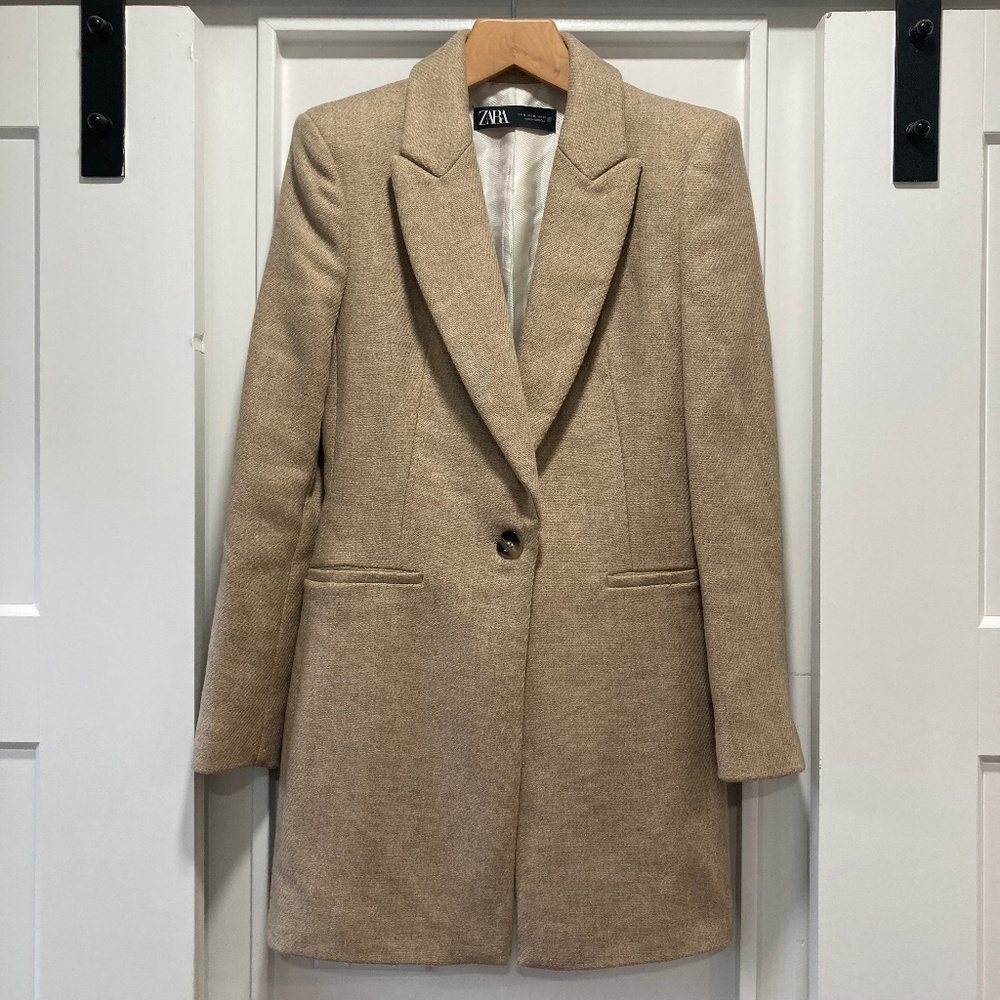 ZARA Tan Beige Wool Blend Fitted Coat Size XS